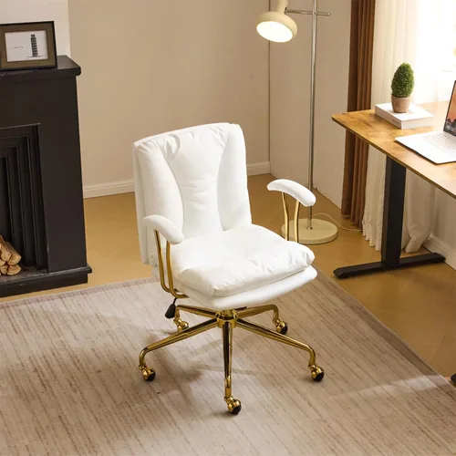 Miniatura 11 de VINGLI Silla de escritorio para oficina en casa, cómoda con ruedas y reposabrazos extraíbles, silla de tocador con base dorada con respaldo, silla