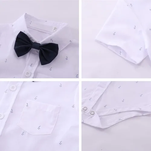Miniatura 7 de Conjunto de traje de caballero de manga corta para bebé niño con corbatín + pantalones cortos con tirantes y pantalones cortos para bautizo festivo