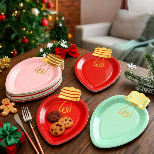 Miniatura 4 de Whaline 30 platos de papel de Navidad con forma de luces desechables para cena y fiesta, vajilla de vacaciones para postres ensaladas, aperitivos