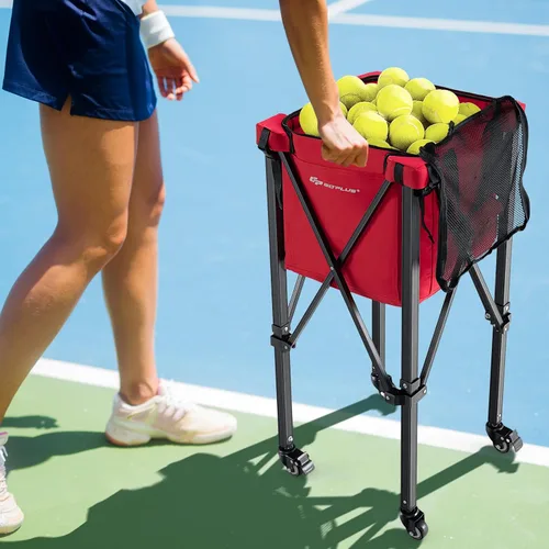 Miniatura 9 de Goplus Tolva plegable para pelotas de tenis, cesta de aluminio ligera con ruedas, bolsa extraíble, bolsillos laterales, bolsa de transporte, carrito