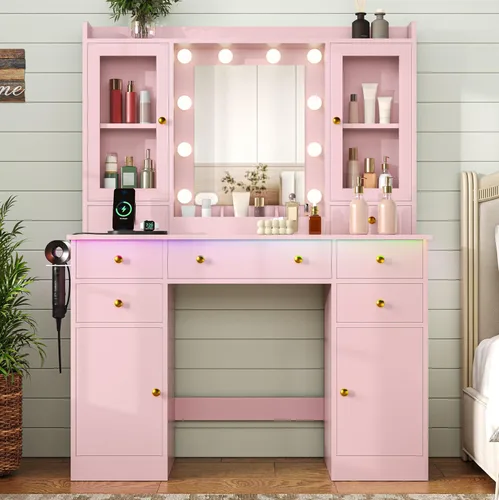 Miniatura 10 de HUANLEGO - Escritorio negro con espejo y luces para niñas y mujeres Makeup Vanity Mirror with Lights, LED RGB Lights Strip, Power Outlet, 7