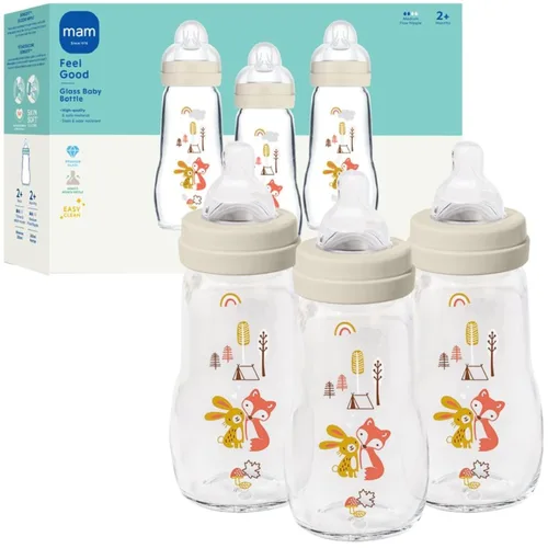 MAM Biberón de cuello ancho anticólicos de vidrio puro Feel Good de 9 onzas, pezón de silicona suave de flujo medio, fácil de limpiar, sin BPA, más
