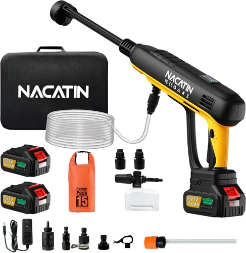 Lavadora a presión inalámbrica de 1200 PSI, 2 baterías de 4.0 Ah con bomba de émbolo triple y ajustes de presión, motor sin escobillas de 500 W para