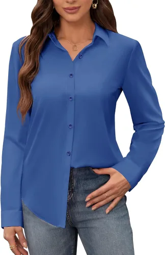 Miniatura 16 de Siliteelon - Camisas de vestir para mujer, a prueba de manchas, sin arrugas, de manga larga, sólidas, para trabajo y negocios, con botones