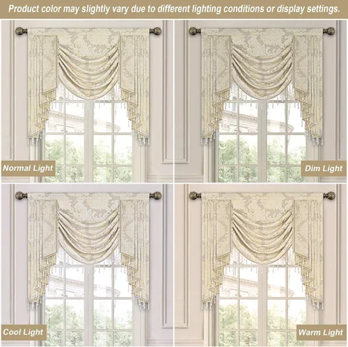 Miniatura 2 de Loom and Mill Cenefa de cascada de lujo de jacquard para sala de estar, elegantes cenefas de ventana con festones y cuentas damascadas, cortinas