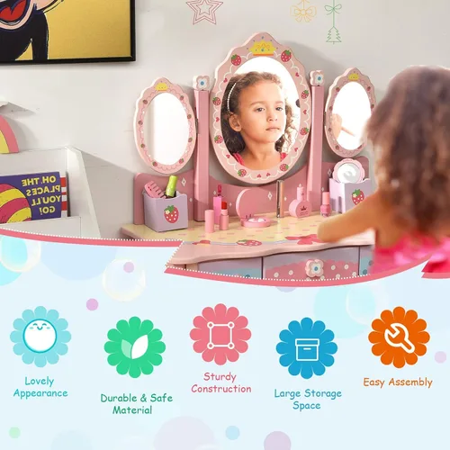 Miniatura 8 de Olakids Juego de tocador y silla de madera de fresa rosa 2 en 1 para niños pequeños con espejo de tres pliegues, taburete, cajones