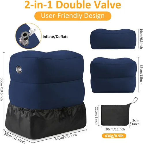 Miniatura 3 de Almohada inflable con reposapiés para viajes, altura ajustable, con máscara para los ojos y tapones para los oídos para niños y adultos en avión