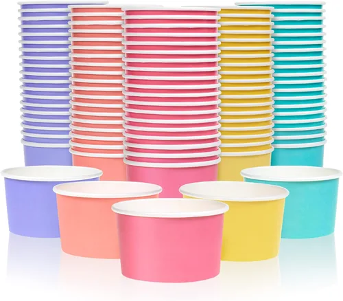MATICAN Vasos de papel para helado, paquete de 100 cuencos desechables de postre de 5.5 onzas para bebidas calientes y frías, 5.5 onzas, 5 colores