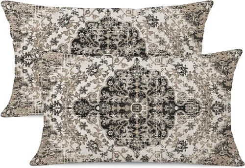 Miniatura 25 de Juego de 2 fundas de almohada impermeables para exteriores de 16 x 16 pulgadas, patrón de alfombra bohemio vintage, diseño étnico negro y gris