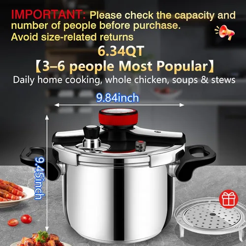 Miniatura 2 de Olla a presión de 6.3 QT, acero inoxidable 304 - Bloqueo a prueba de explosiones, operación con una mano, cocina rápida, apta para lavavajillas