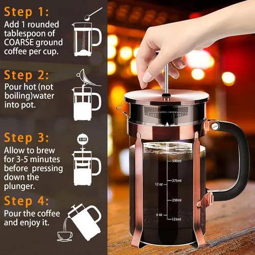 Miniatura 5 de YMMIND Cafetera de Prensa Francesa de Acero Inoxidable 304, Prensa de Café con Sistema de 4 Filtros, Vidrio de Borosilicato Resistente al Calor