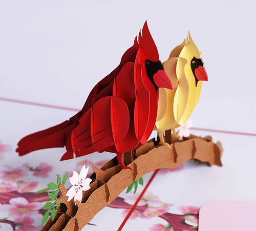 3D Popup Card of Cardinal Bird Couple, Paper Art & Handicraft, Greeting Card, Birthday, Anniversary, Christmas, Mothers Day, Fathers Day Card,