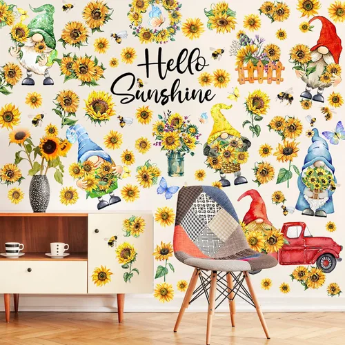 Miniatura 6 de Capoda 122 calcomanías de pared de primavera, 6 hojas, calcomanías de pared de gnomo de girasol, decoración de camión de gnomo, decoración