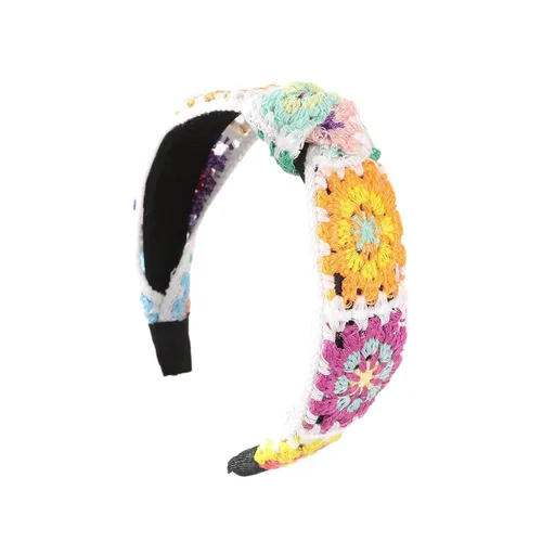 Miniatura 9 de LIANXUE Diadema de punto floral para mujer, turbante elástico, floral, ganchillo, cuadrado, estilo étnico, diadema envolvente para la cabeza