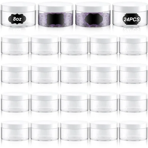 Dandat 24 piezas 8 oz tarro de plástico con tapa y etiqueta recargable, contenedor redondo transparente vacío con muestras cosméticas PET blancas