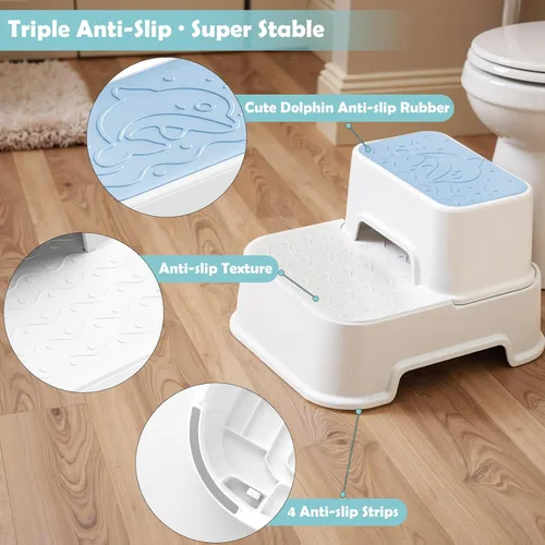 Miniatura 3 de Taburete de 2 escalones para niños, antideslizante multifuncional para baño, fregadero y inodoro para entrenamiento de orinal, soporta hasta 220 Azul