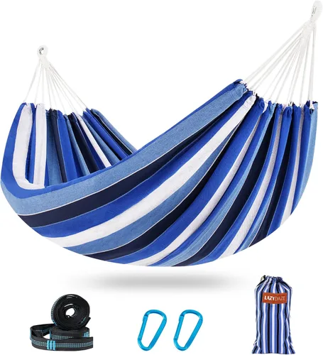Miniatura 18 de Lazy Daze Hammocks Hamaca doble brasileña de algodón, extra grande, portátil, para acampar al aire libre, con correas para árboles y bolsa de viaje
