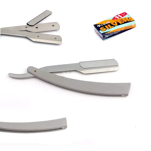 Miniatura 8 de OdontoMed2011® Rastrillos profesionales rectos de acero con borde de barbero plegable para afeitar, rastrillo de afeitado doble (mango negro)