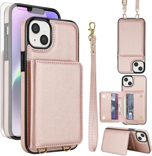 Miniatura 10 de Funda de teléfono para iPhone 13 Mini de 5.4 pulgadas con protector de pantalla, correa cruzada para muñeca, bloqueo RFID, tarjetero de crédito