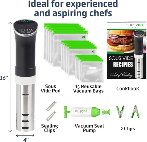 Miniatura 3 de SOUSVIDE ART Kit de cocina Sous Vide - Circulador de inmersión de 1000 W - 15 bolsas de vacío, bomba, temporizador digital y control de temperatura