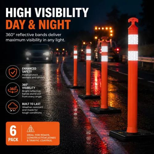 Miniatura 4 de BESEA 6 Pack 36" Traffic Delineator Cones with Water-Fillable Base, Orange Reflective Safety Delineator Posts for Construction, Parking Lots, Road