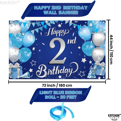 Miniatura 2 de KatchOn, Cartel azul de feliz cumpleaños número 2, Xtralarge, 72 x 44 pulgadas, decoraciones de segundo cumpleaños para niños y niñas, pancarta
