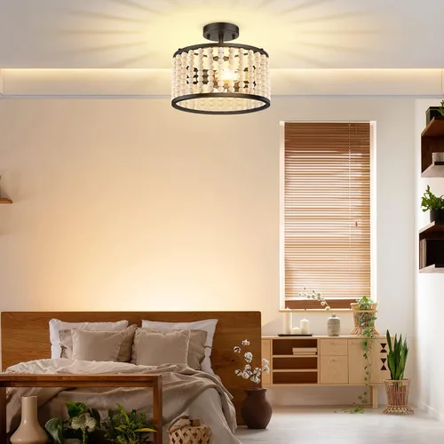 Miniatura 2 de Lámpara bohemia de granja - Lámpara de techo con cuentas de madera, lámpara de techo rústica semiempotrada, lámpara negra de 2 luces para cuarto