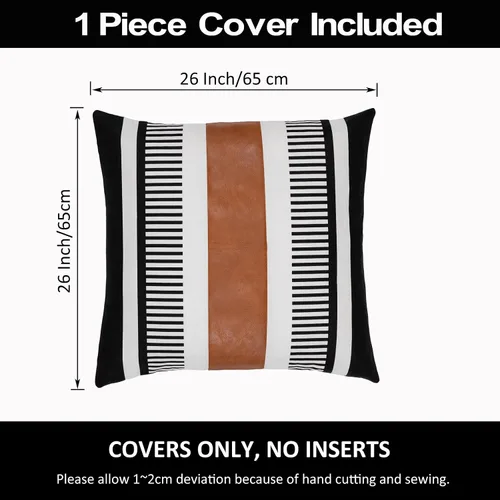Miniatura 3 de Funda de Almohada Euro de Rayas Estilo Granja 26x26 Funda de Cojín de Acento Grande Cuero Sintético Blanco y Negro Funda de Almohada Decorativa