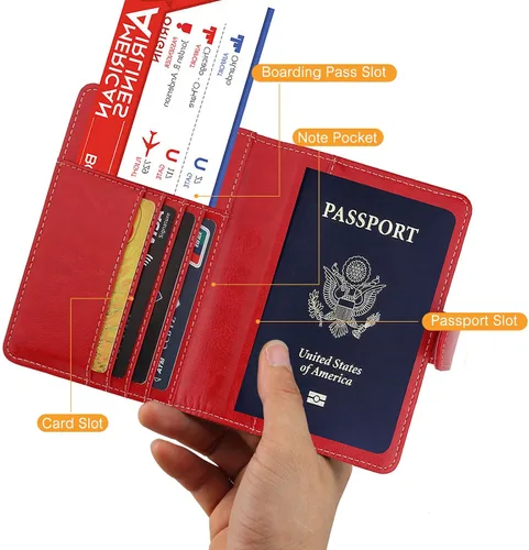 Miniatura 4 de Funda de piel sintética para pasaporte, con bloqueo RFID, tarjetero para mujeres y hombres, 02 Rojo, Cartera Rfid