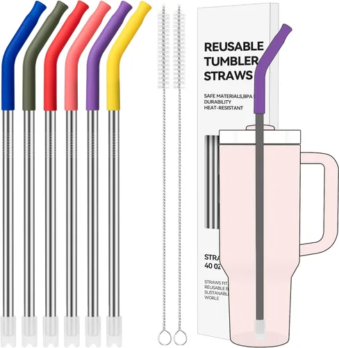 Miniatura 23 de Pajitas de Metal Rectas de 40 oz para Vaso Stanley de 40 oz, 6 Piezas Pajitas de Metal Reutilizables de Acero Inoxidable para Beber con Puntas de 2