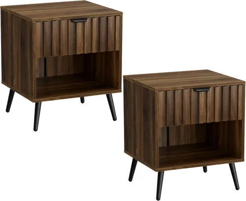 Miniatura 8 de Smuxee Mesita de noche de madera de nogal con 2 cajones, mesita de noche de mediados de siglo con puertas de tablero de ajedrez en relieve, mesita