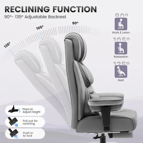 Miniatura 6 de BestGlory Silla de escritorio de oficina, silla de juegos de cuero grande y alta con reposapiés, sillas de computadora reclinables ejecutivas Gris