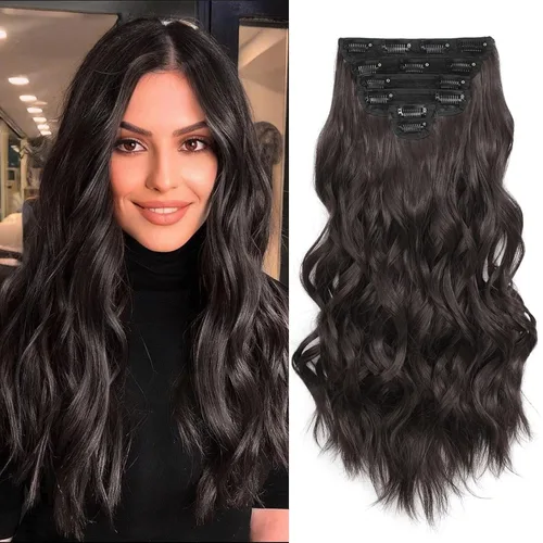 Miniatura 25 de Fliace Extensiones de cabello con clip para mujer, extensiones de cabello ondulado largo de color marrón medio, extensiones de cabello sintético