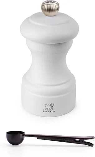 Peugeot Bistro - Juego de regalo Salt Mil de 4 pulgadas, color blanco mate, con clip para bolsa de especias de acero inoxidable