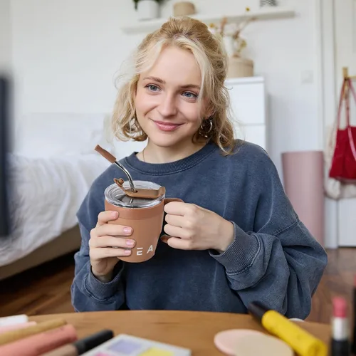 Miniatura 6 de CHLJAR Taza de café aislada con asa, bonita taza de viaje de 14 onzas, taza de café de acero inoxidable al vacío para mantener las bebidas calientes