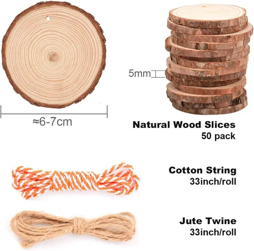 Miniatura 2 de Philorn Rebanadas de madera, 50 unidades de discos de madera de 2.4 a 2.8 pulgadas para manualidades, rebanadas de madera natural preperforadas sin