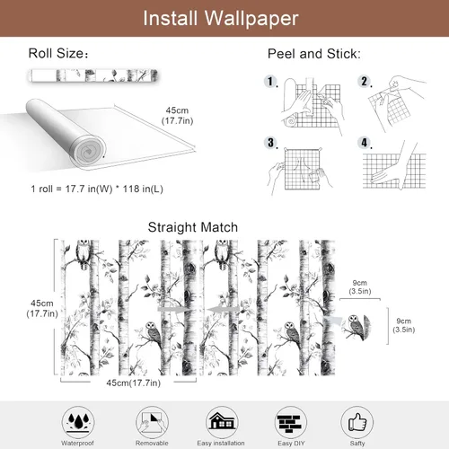Miniatura 7 de Papel tapiz de abedul para despegar y pegar, papel tapiz de búho, vinilo autoadhesivo en blanco y negro, para decoración del hogar, 17.7 x 118