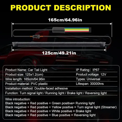 Miniatura 8 de 49.2 in Flexible Coche Luz Trasera RGB LED Tira Kits Cubierta Trasera Freno Detención Señal de Giro Lámpara de Correr Impermeable DC12V (RGB)