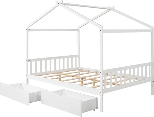 Miniatura 5 de P PURLOVE Cama de casa de tamaño matrimonial para niños, adolescentes, plataforma de almacenamiento de madera con cajones, cabecero y estribo, cama