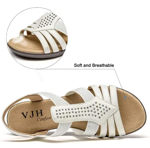 Miniatura 3 de VJH confort Sandalias planas para mujer, cómodas y elásticas, ligeras, ligeras, informales, para caminar, con diamantes de imitación