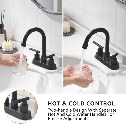 Miniatura 6 de Grifos de baño negros, grifo de lavabo de baño de 2 asas, grifo de lavabo de baño central de 4 pulgadas con drenaje desplegable y líneas de Negro