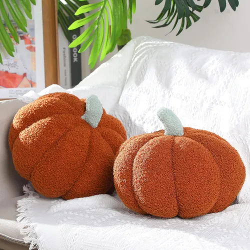 Miniatura 9 de Queekay 2 almohadas de calabaza de felpa de 11 x 9.5 pulgadas, decoración de calabaza rellena de Acción de Gracias para otoño, hogar, dormitorio