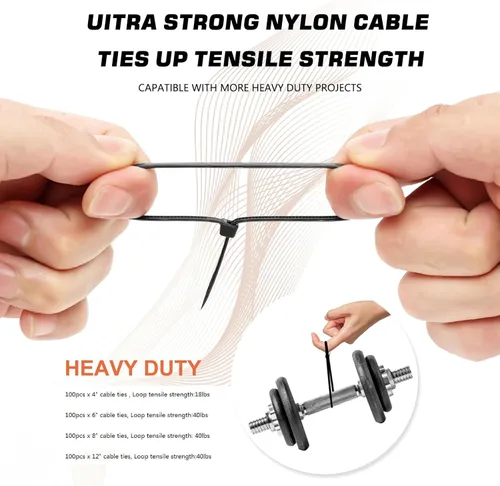 Miniatura 4 de Bridas para cables, paquete de 400 unidades, color negro, varios tamaños, 12+8+6+4 pulgadas, gestión de cables de nailon autobloqueante multiusos
