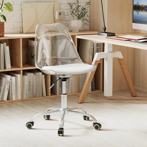 Miniatura 7 de Giantex Juego de 2 sillas de escritorio de acrílico transparente, modernas sillas de oficina en casa con cojín y ruedas de piel sintética, silla