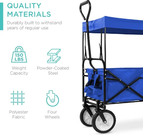 Miniatura 6 de Best Choice Products Vagón Utilitario Plegable Colapsible para Exteriores con Toldo, Carrito de Jardín para Playa, Pícnic, Campamento, Fiestas