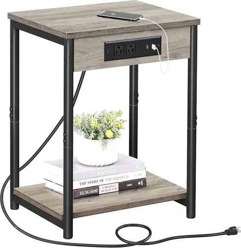 Miniatura 9 de TUTOTAK Mesita de noche con estación de carga, mesa auxiliar, mesa auxiliar con USB, 21.8 pulgadas de alto con estante de almacenamiento, mesa