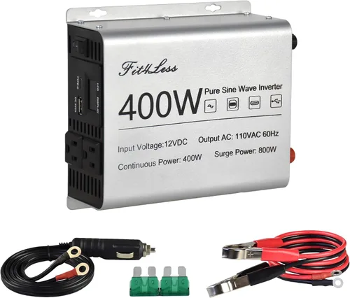 Inversor de onda sinusoidal pura, entrada de CC de 12 V y salida de CA de 110 V con pantalla LCD, puerto de salida USB, puerto de salida tipo C (400