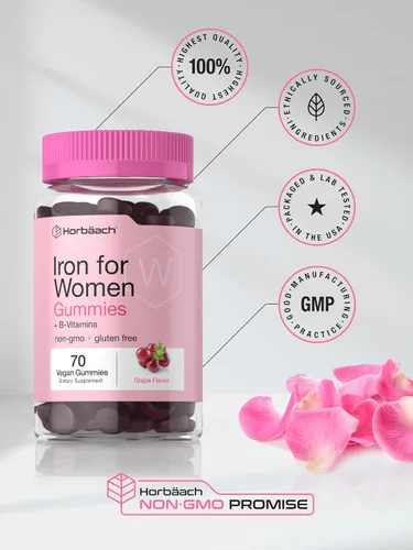 Miniatura 6 de Horbäach Gomitas de hierro para mujer, 70 unidades, sabor a uva, suplemento con vitaminas B, folato y zinc, vegano, sin OMG y sin gluten