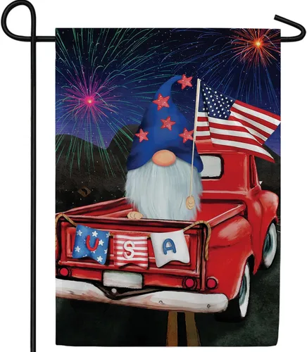 Bandera de jardín con gnomo del 4 de julio de América para siempre, 12.5 x 18 pulgadas, celebración del Día de la Independencia, fuegos