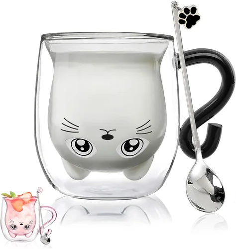 Miniatura 8 de Binoster Tazas Lindas de Oso Kawaii de Vidrio de Doble Pared para Café y Té, Taza de Yogur Divertida, Regalo Novedoso para Mujeres, Sus Amigas